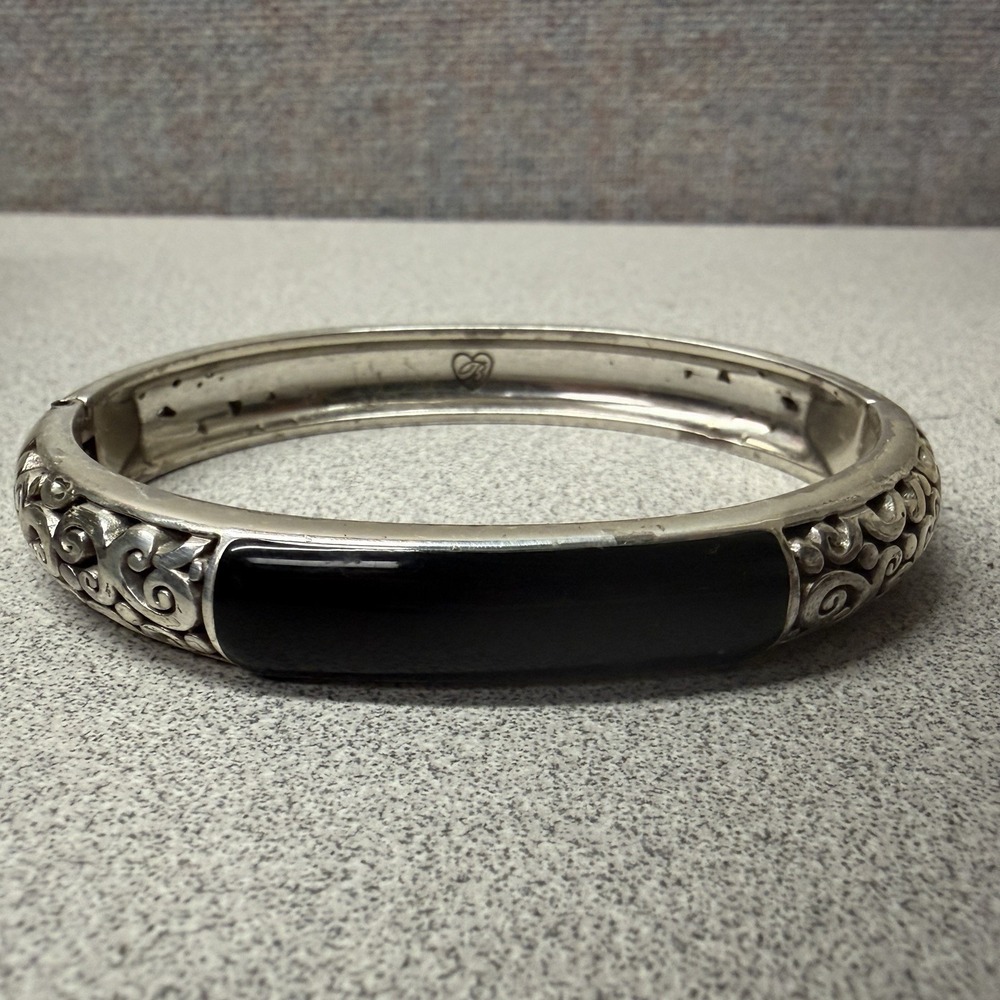 Brighton Bracelet Black Onyx Etched scroll Pattern Cast Silver plated Bangle